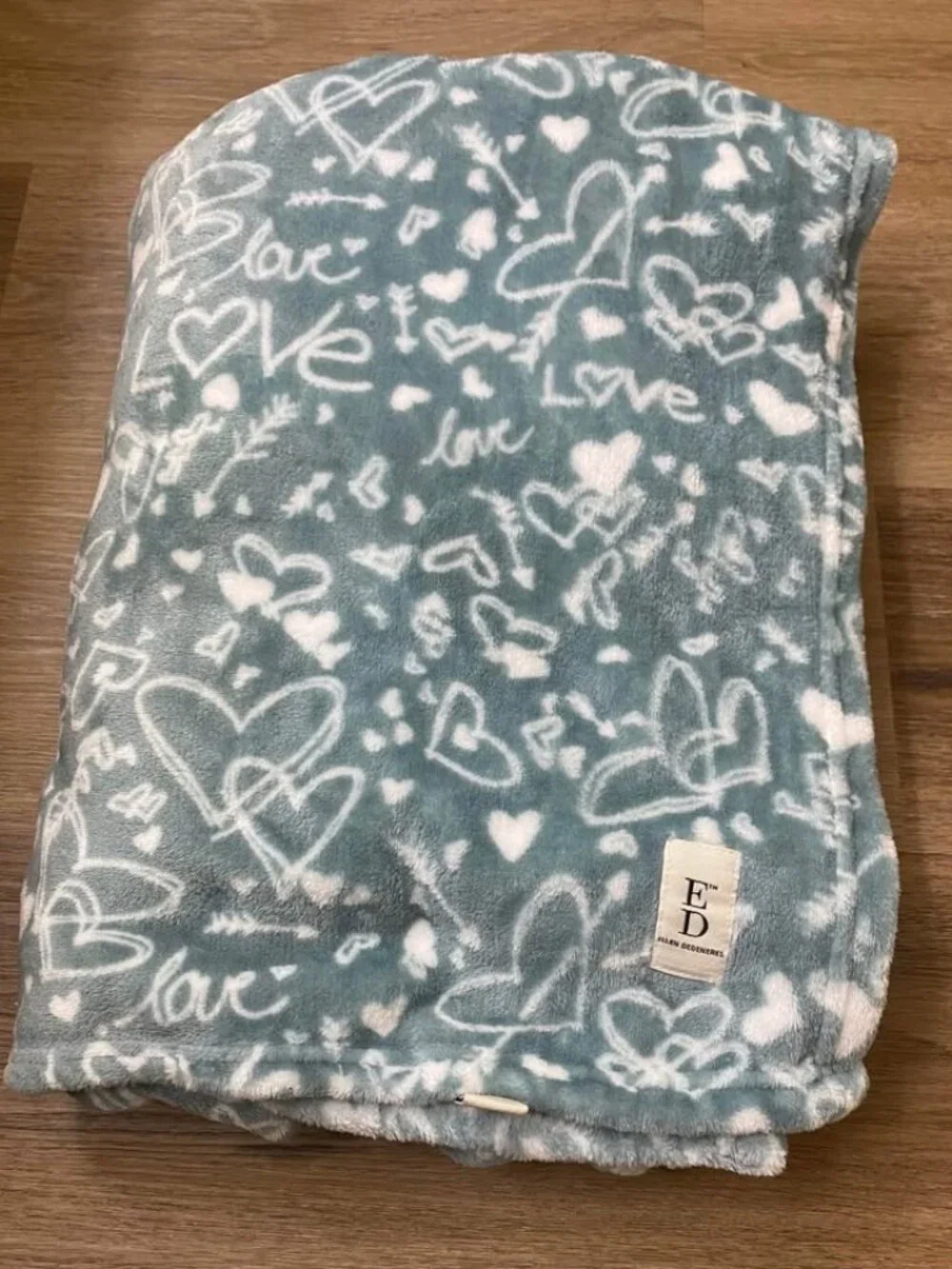 Ellen DeGeneres Love Hearts Plush Throw Blanket 50” x 60” | Light Teal & White |